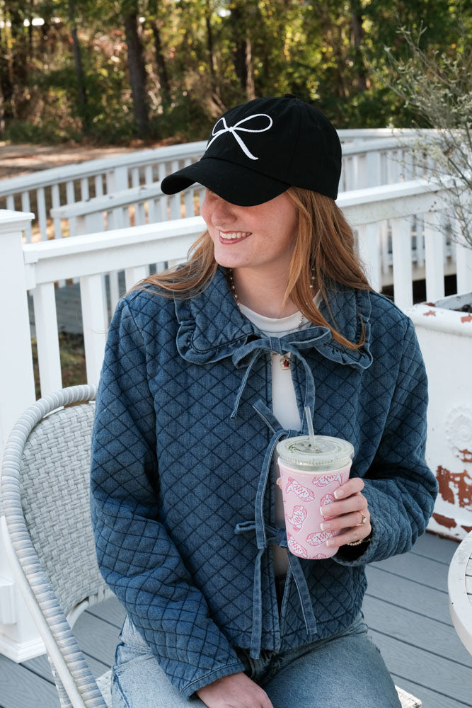 White Embroidered Coquette Bow on a Black Baseball Cap