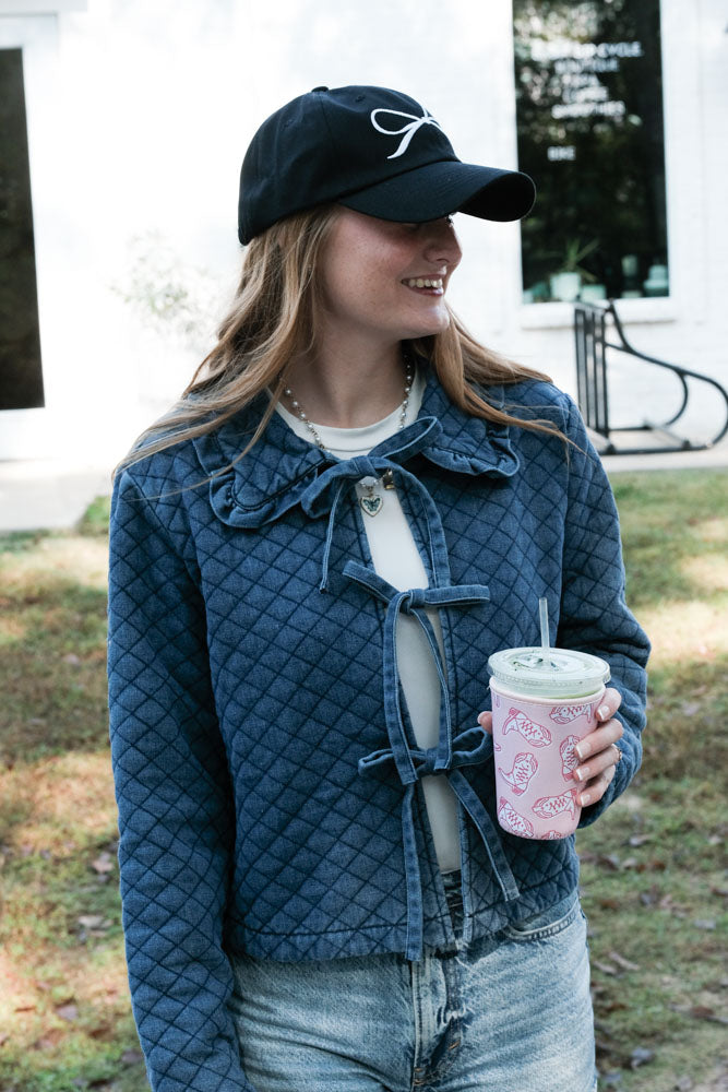 White Embroidered Coquette Bow on a Black Baseball Cap