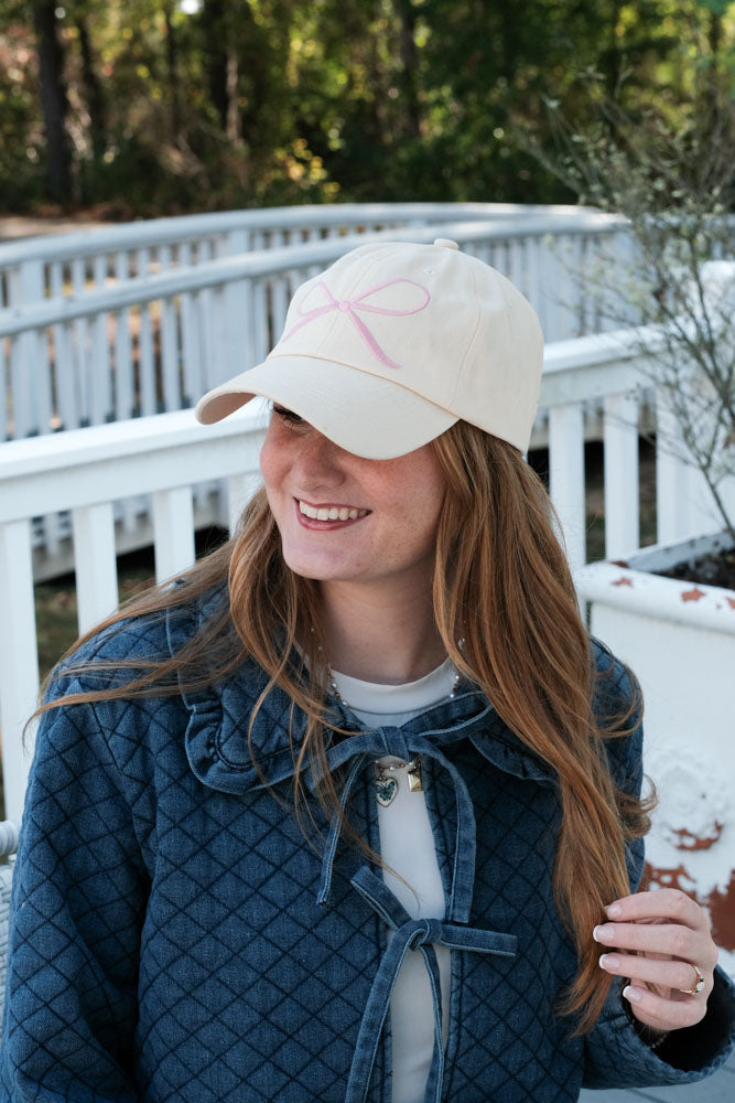 Pink Embroidered Coquette Bow Baseball Cap