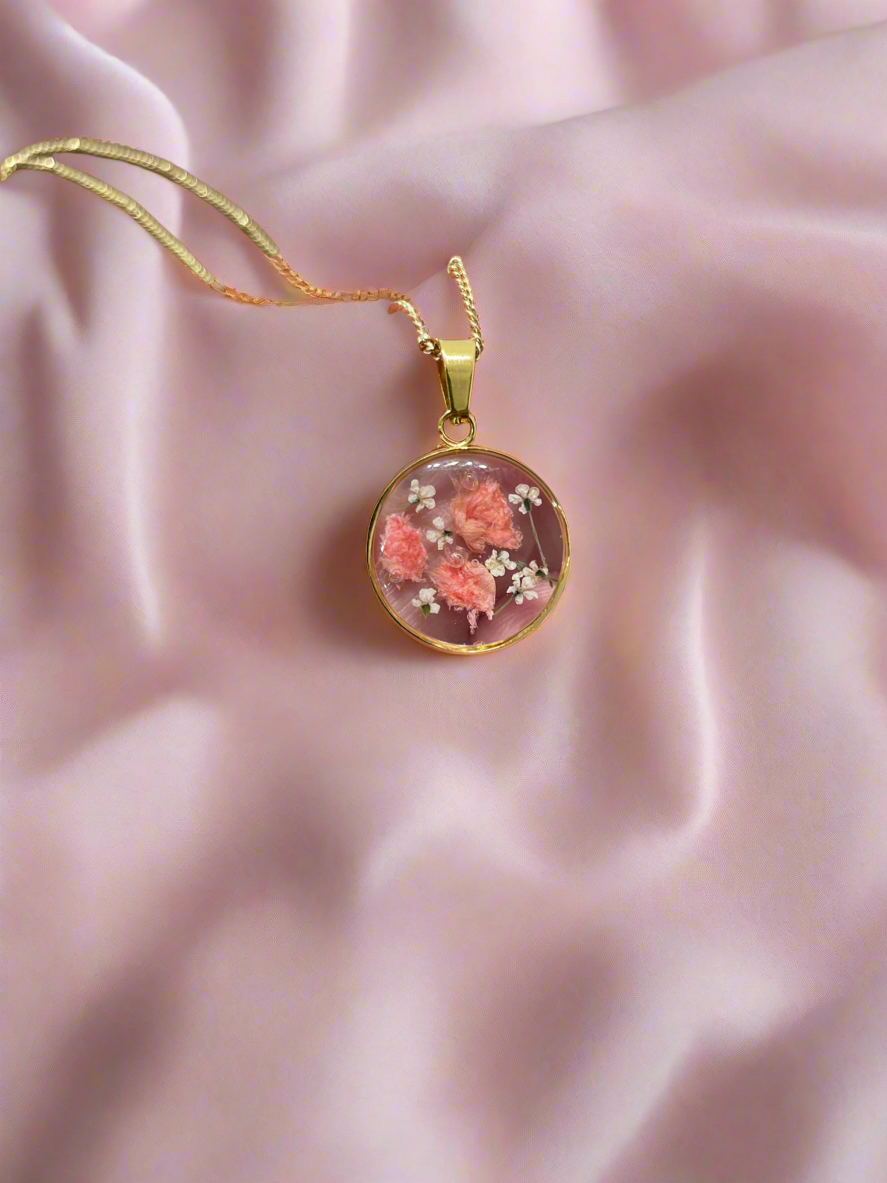 Mini Pink Floral with Gold Flakes and Gold Satellite Chain Necklace
