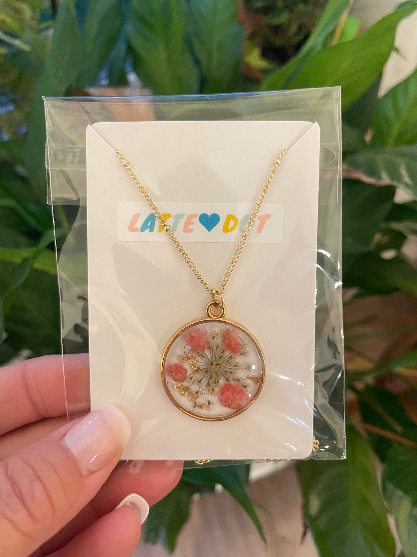 Pink Floral with Gold Flakes and Gold Satellite Chain Necklace