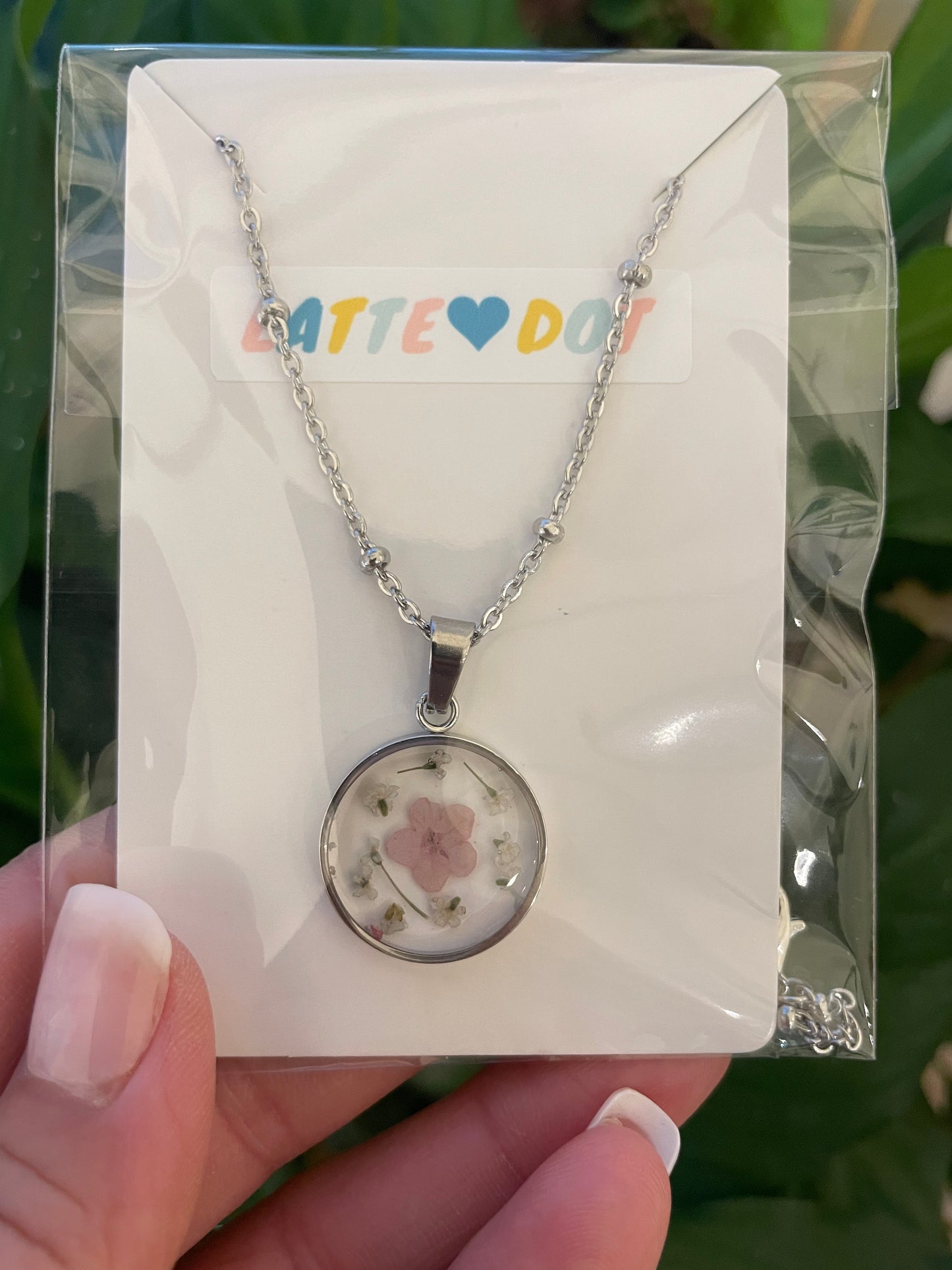 Dainty Pink Floral Resin Necklace in Silver Satellite