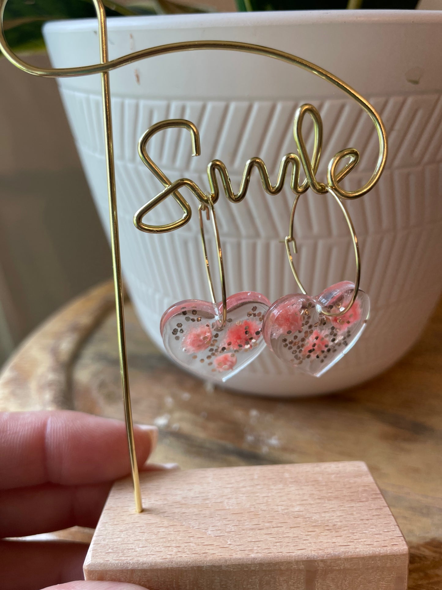 Adorable Heart Resin Charm Earrings on Gold Hoops