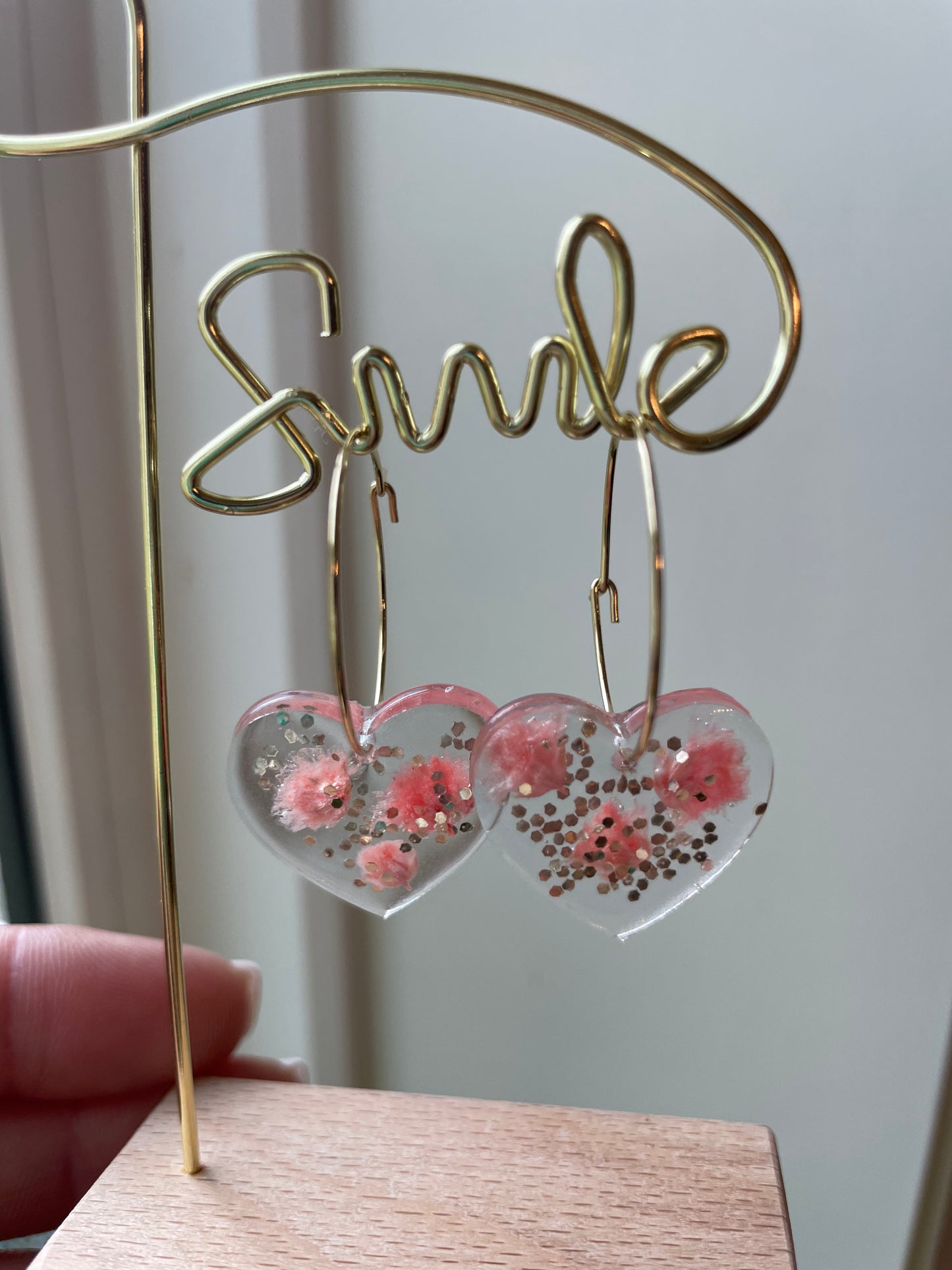 Adorable Heart Resin Charm Earrings on Gold Hoops