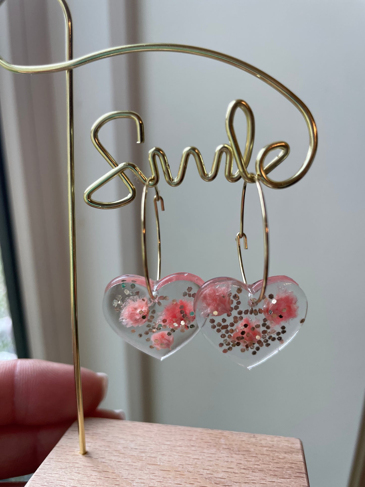 Adorable Heart Resin Charm Earrings on Gold Hoops