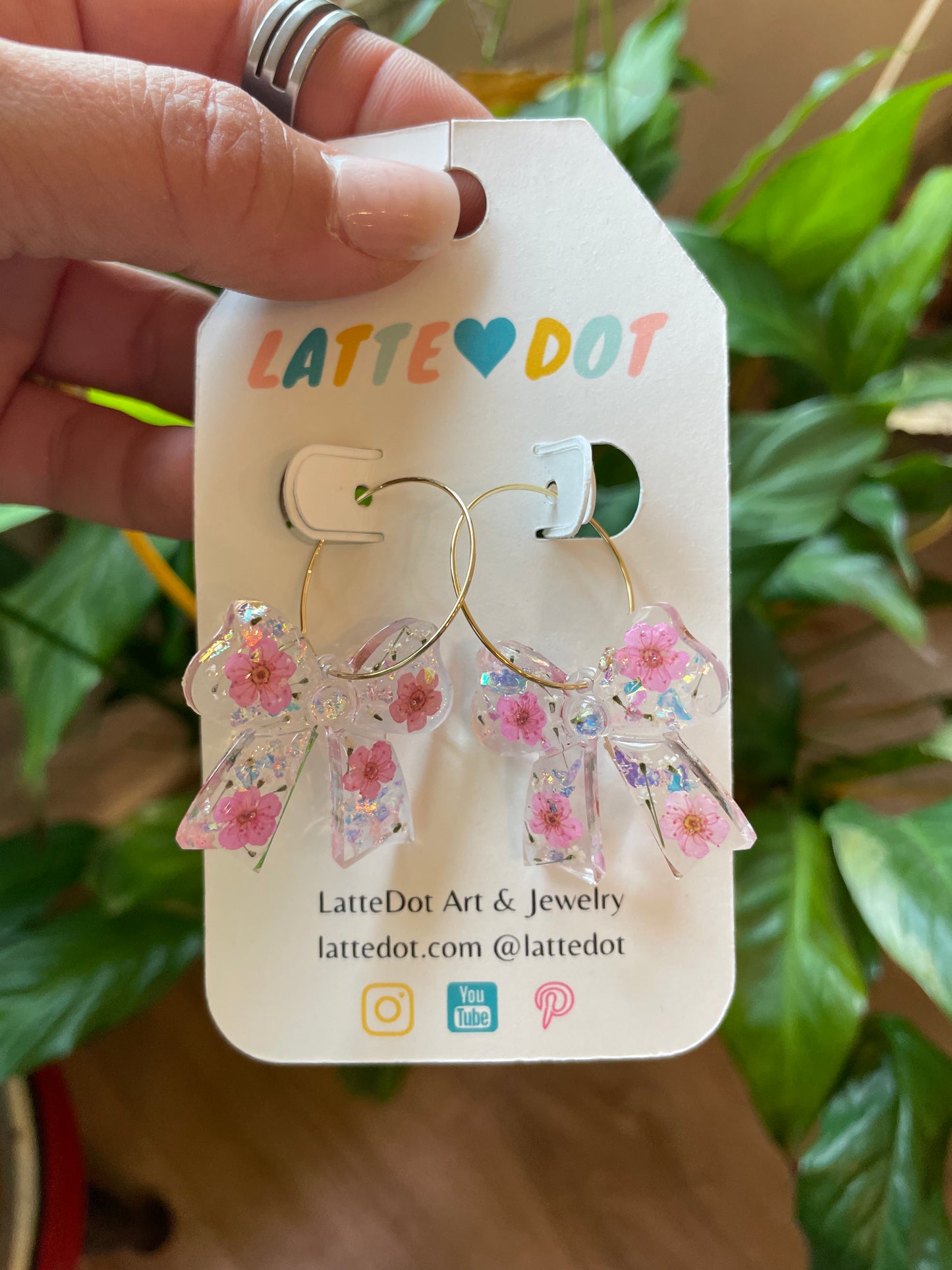 Resin Bow Charm Earrings with Hoops