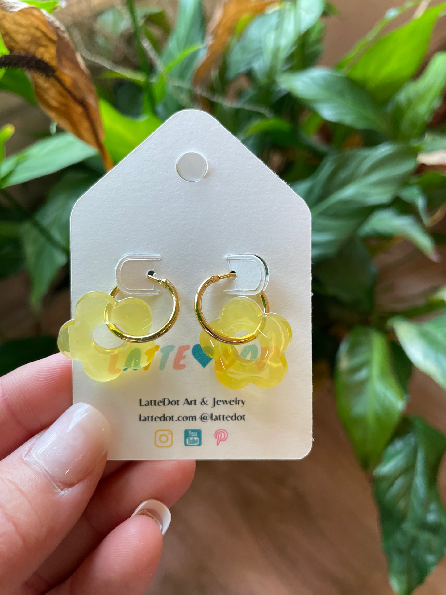 Resin Flower Charm Earrings on Gold Hoops