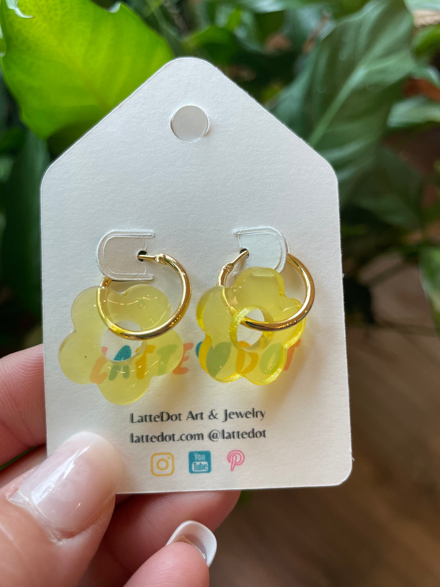 Resin Flower Charm Earrings on Gold Hoops