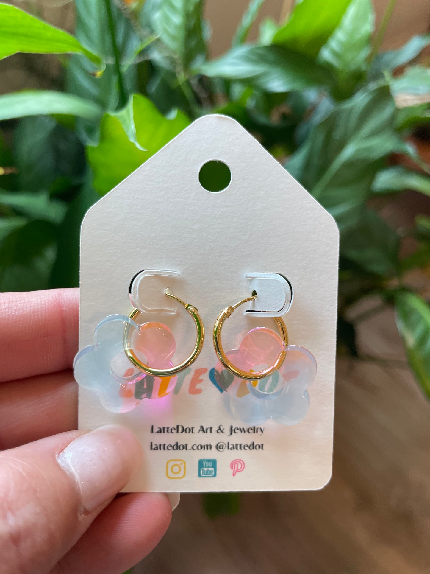 Resin Flower Charm Earrings on Gold Hoops