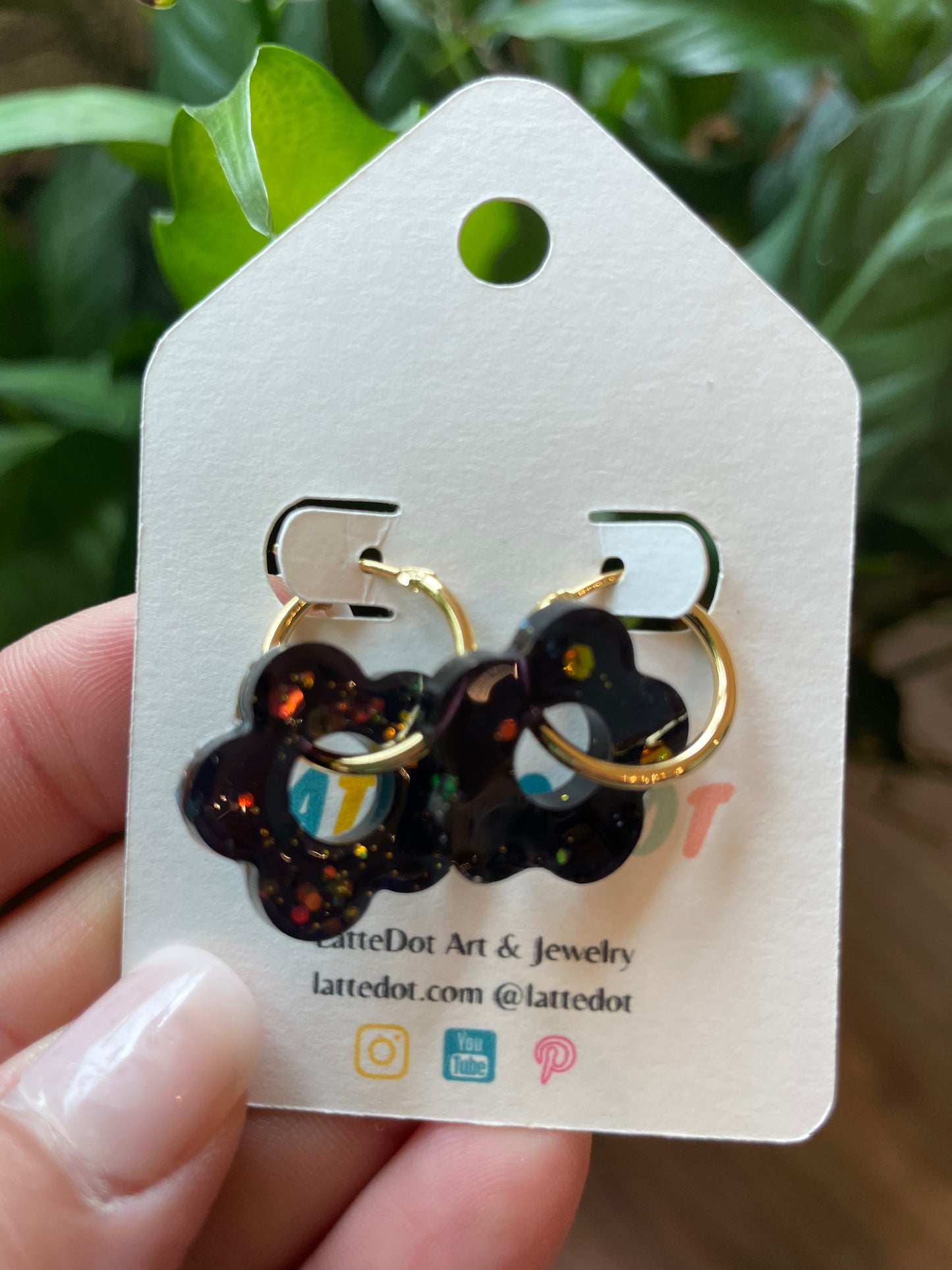 Resin Flower Charm Earrings on Gold Hoops