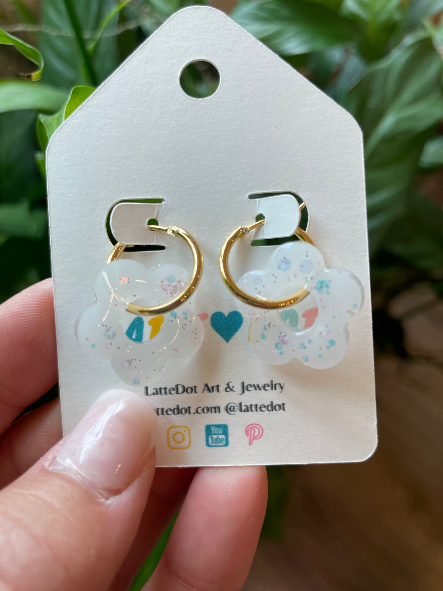 Resin Flower Charm Earrings on Gold Hoops
