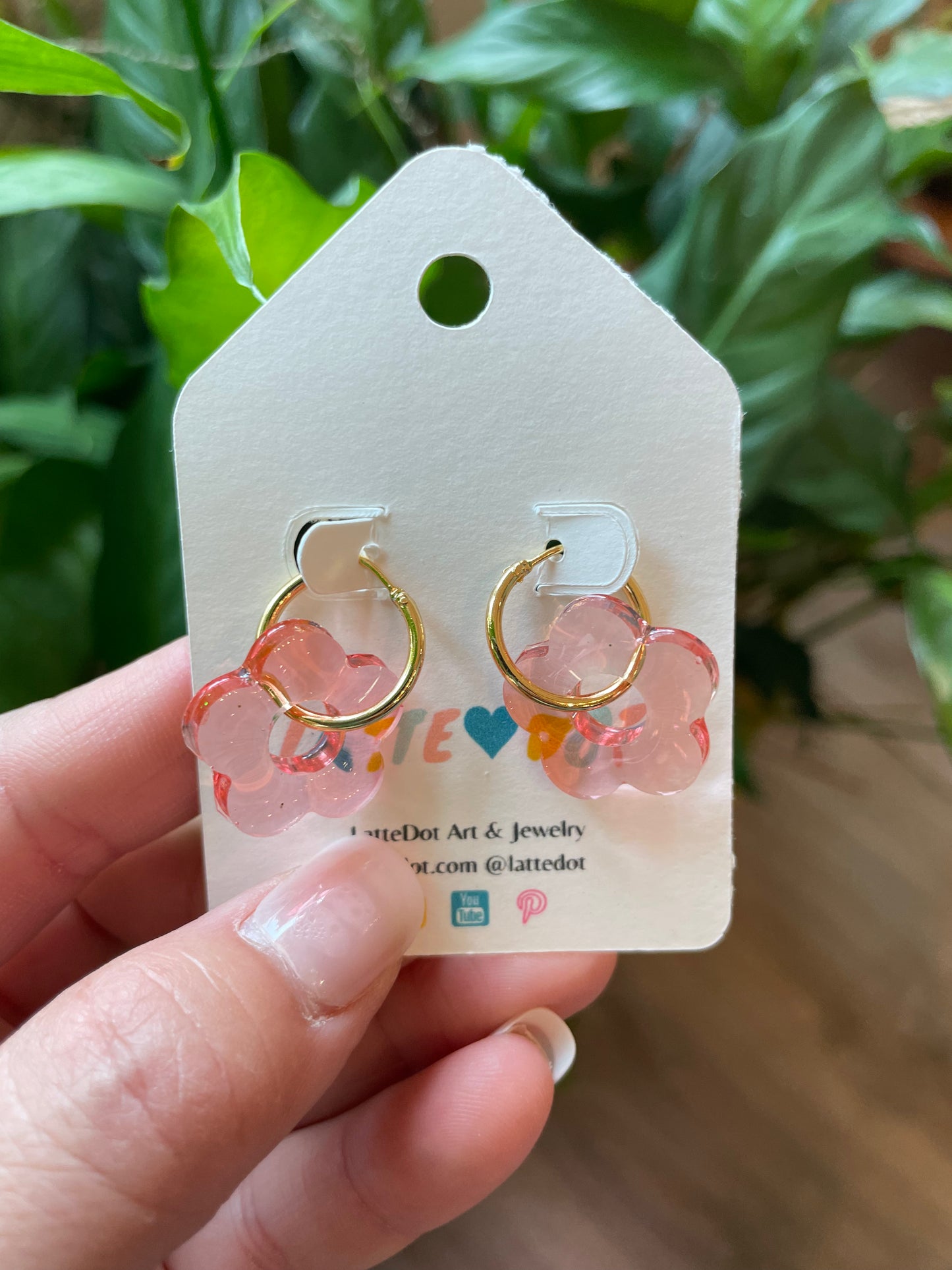 Resin Flower Charm Earrings on Gold Hoops