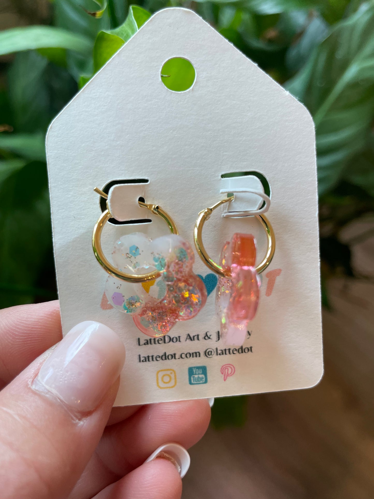 Resin Flower Charm Earrings on Gold Hoops