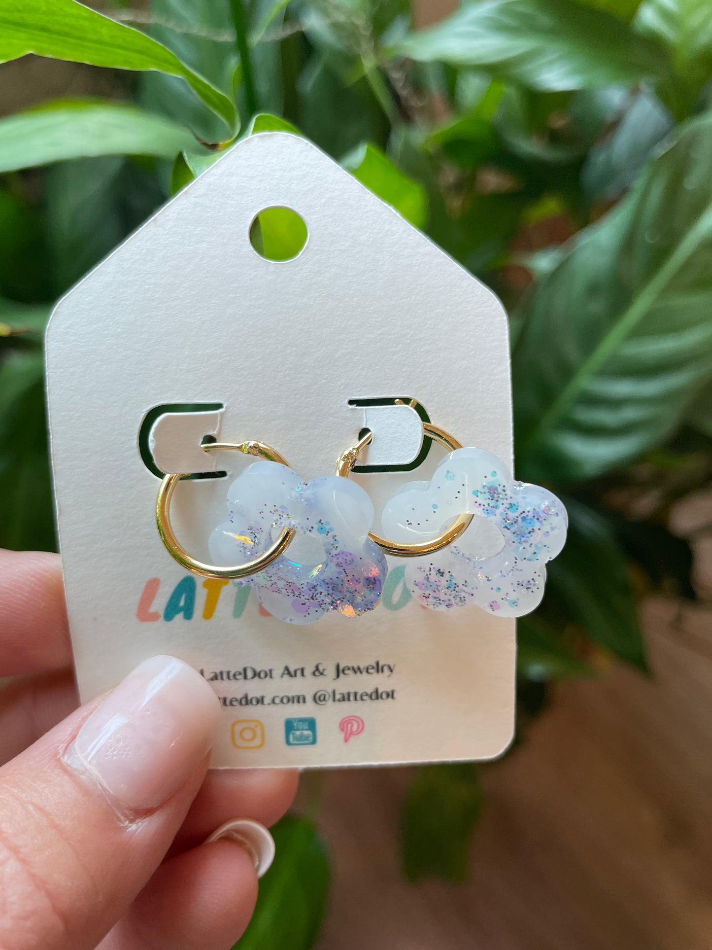 Resin Flower Charm Earrings on Gold Hoops