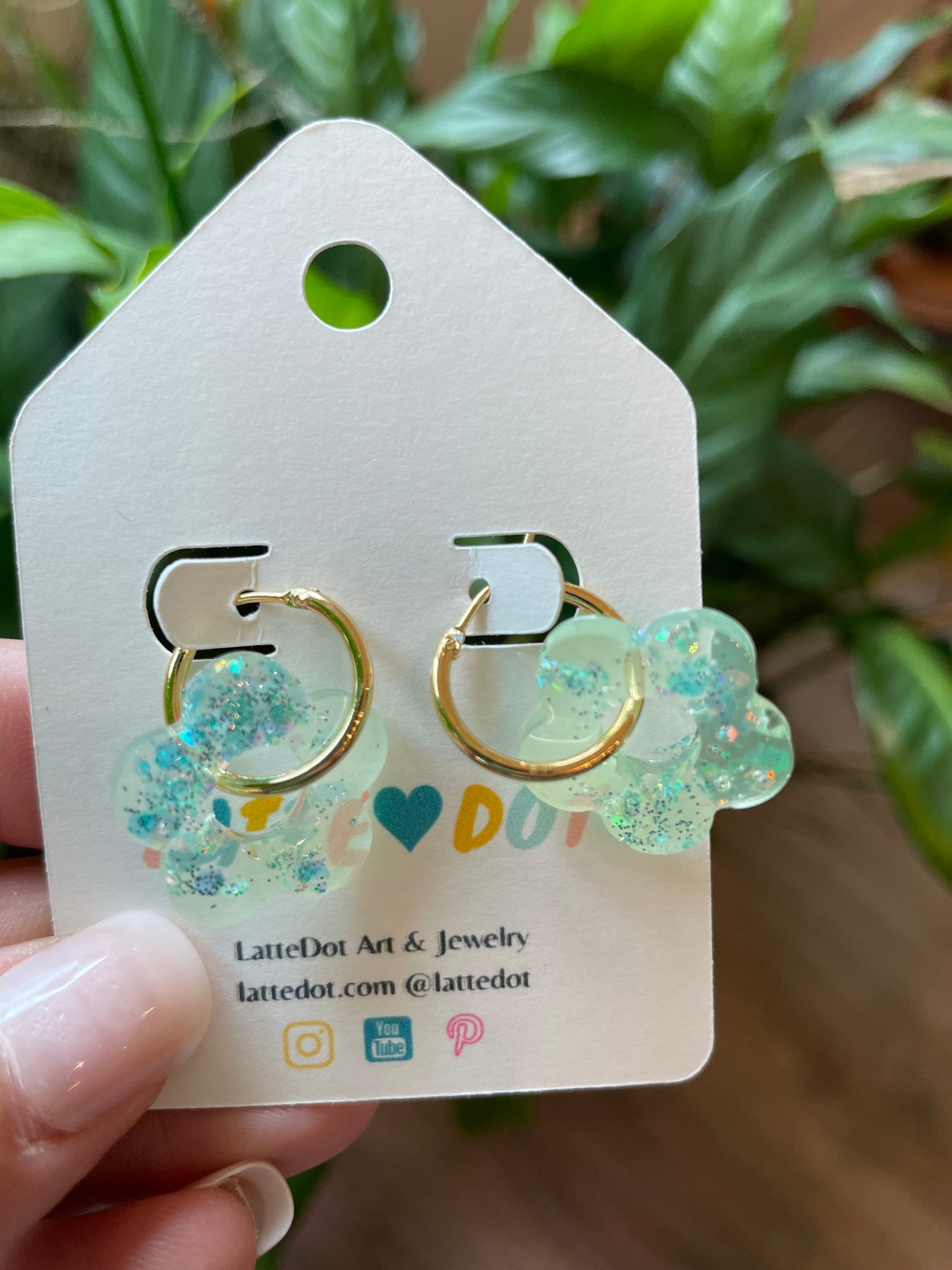 Resin Flower Charm Earrings on Gold Hoops