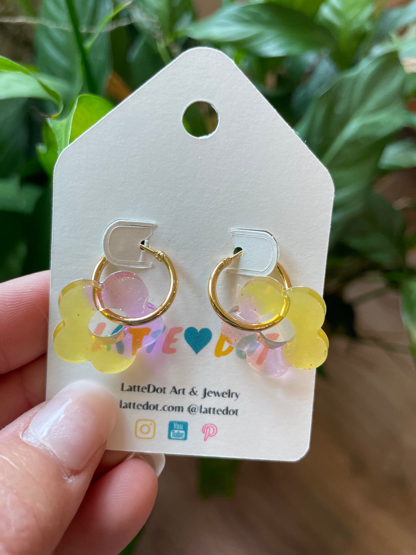 Resin Flower Charm Earrings on Gold Hoops