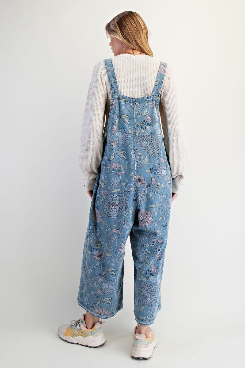Easel Washed Denim Overalls with Vintage Print