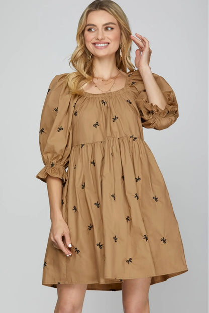 Kahki Dress with Tiny Embroidered Black Bows – Feminine Classic Dress