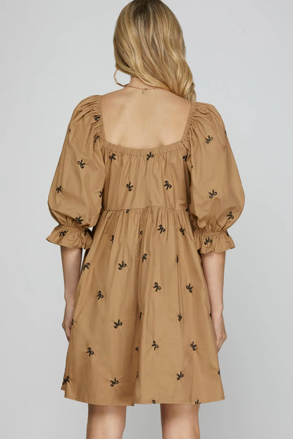 Kahki Dress with Tiny Embroidered Black Bows – Feminine Classic Dress