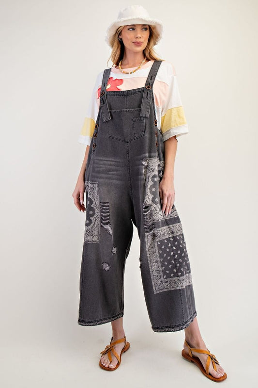 Black Denim Bandana Print Overalls