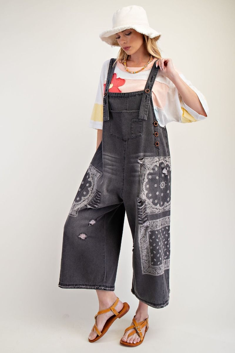 Black Denim Bandana Print Overalls