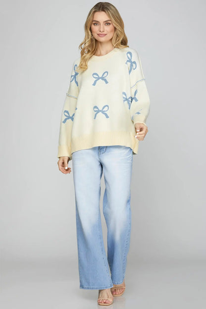 In My Blue Bow Era Sweater  – Soft Knit Pullover with Bow Details