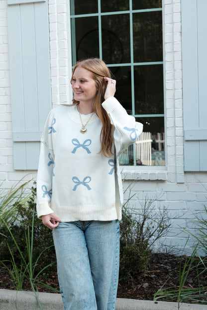 In My Blue Bow Era Sweater  – Soft Knit Pullover with Bow Details