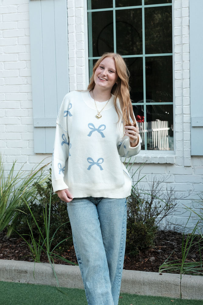 In My Blue Bow Era Sweater  – Soft Knit Pullover with Bow Details