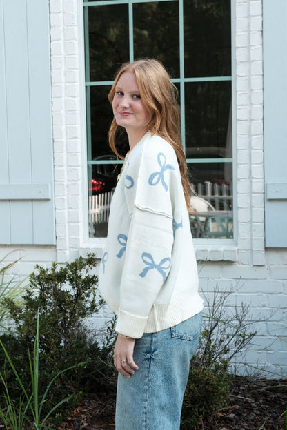 In My Blue Bow Era Sweater  – Soft Knit Pullover with Bow Details
