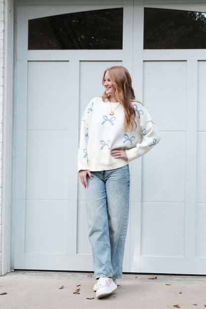 In My Blue Bow Era Sweater  – Soft Knit Pullover with Bow Details