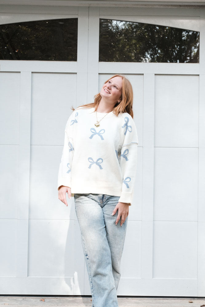 In My Blue Bow Era Sweater  – Soft Knit Pullover with Bow Details