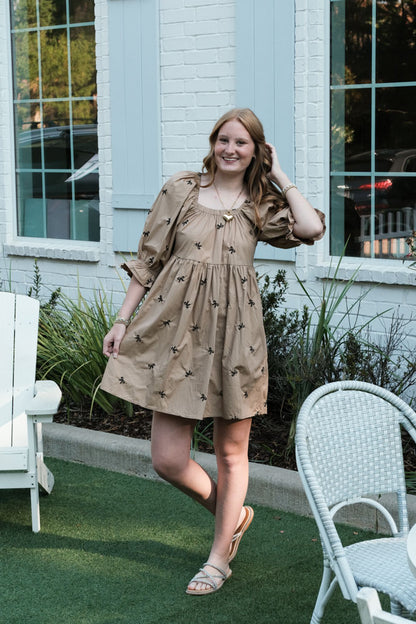 Kahki Dress with Tiny Embroidered Black Bows – Feminine Classic Dress