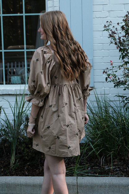 Kahki Dress with Tiny Embroidered Black Bows – Feminine Classic Dress