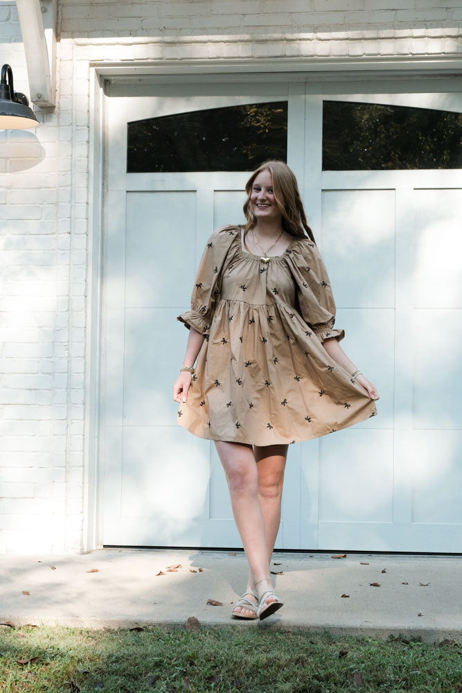 Kahki Dress with Tiny Embroidered Black Bows – Feminine Classic Dress