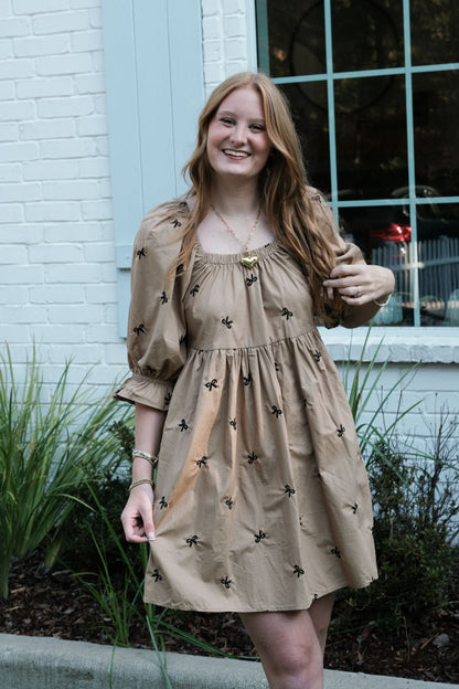 Kahki Dress with Tiny Embroidered Black Bows – Feminine Classic Dress