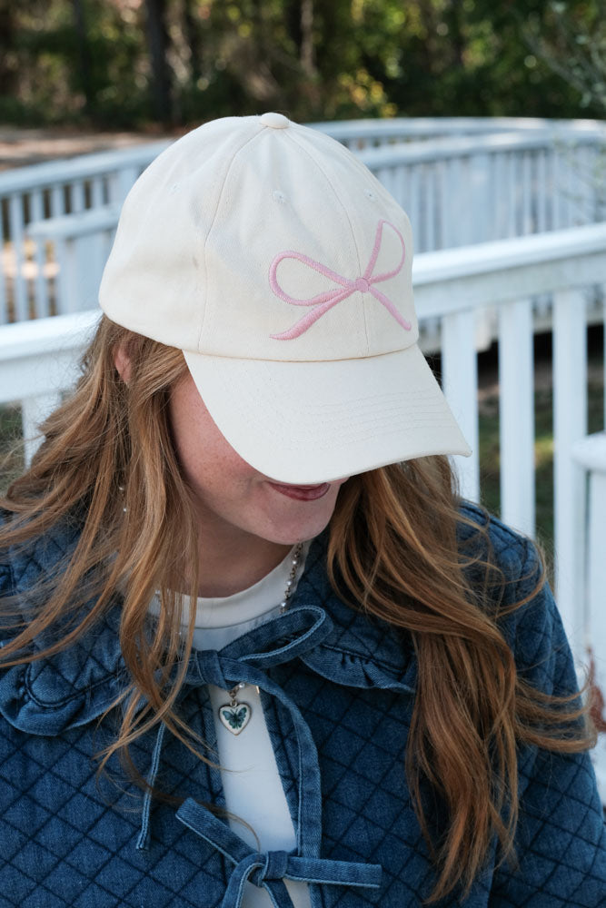 Pink Embroidered Coquette Bow Baseball Cap