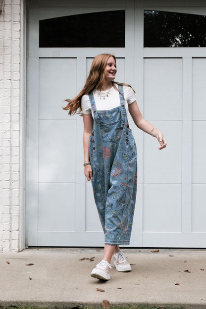 Easel Washed Denim Overalls with Vintage Print