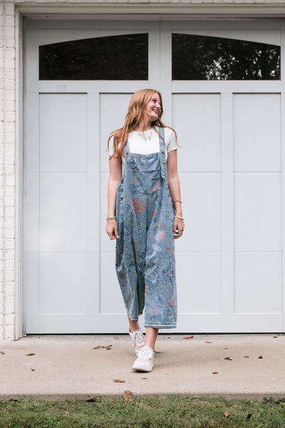 Easel Washed Denim Overalls with Vintage Print