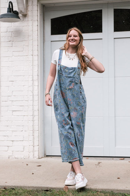 Easel Washed Denim Overalls with Vintage Print