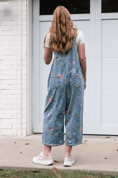 Easel Washed Denim Overalls with Vintage Print