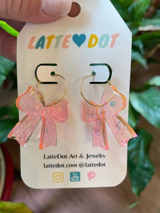 Resin Bow Charm Earrings with Hoops