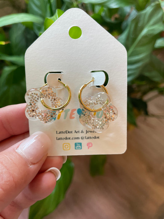 Resin Flower Charm Earrings on Gold Hoops