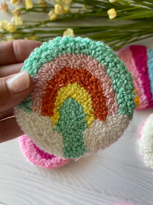 Rainbow Punch Needle Car Coaster – Handcrafted Cottagecore Charm