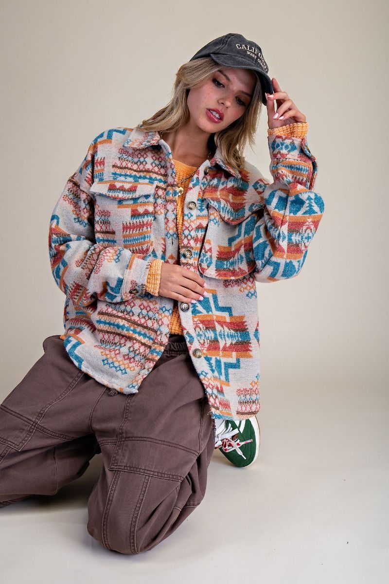 Boho Ethnic Print Button Down Fleece Shacket