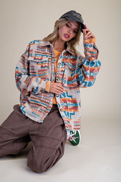 Boho Ethnic Print Button Down Fleece Shacket
