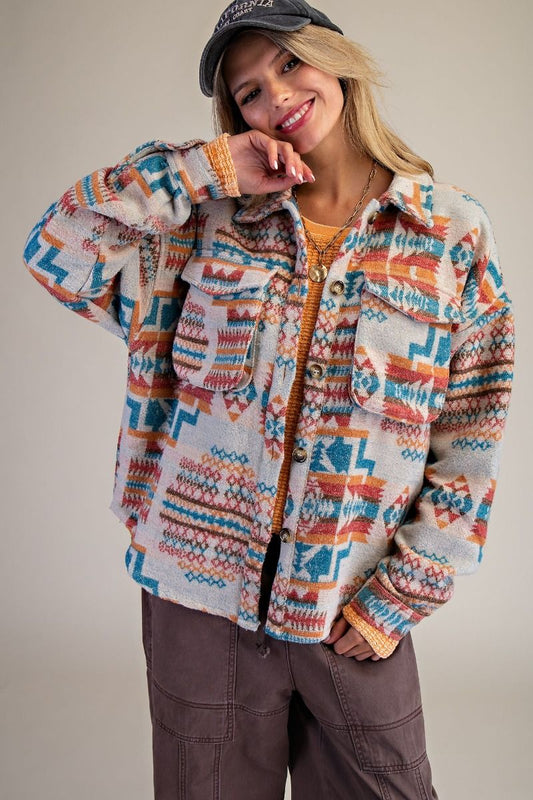 Boho Ethnic Print Button Down Fleece Shacket