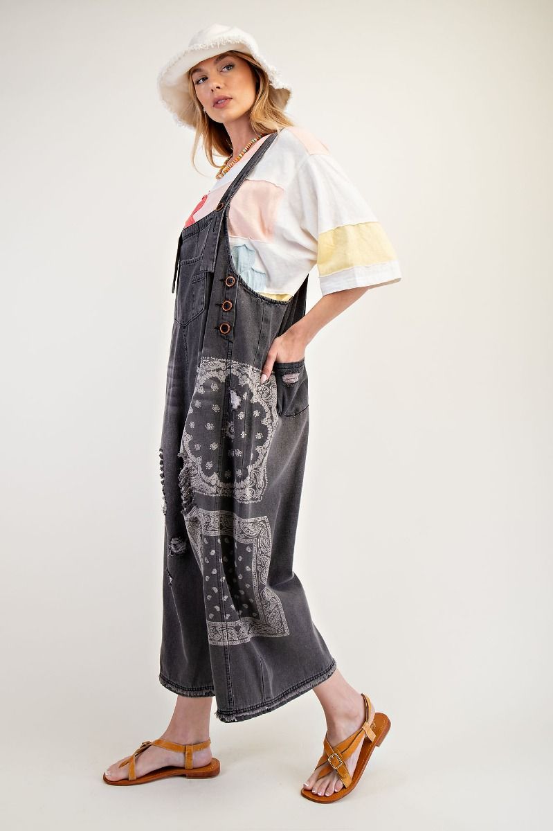 Black Denim Bandana Print Overalls