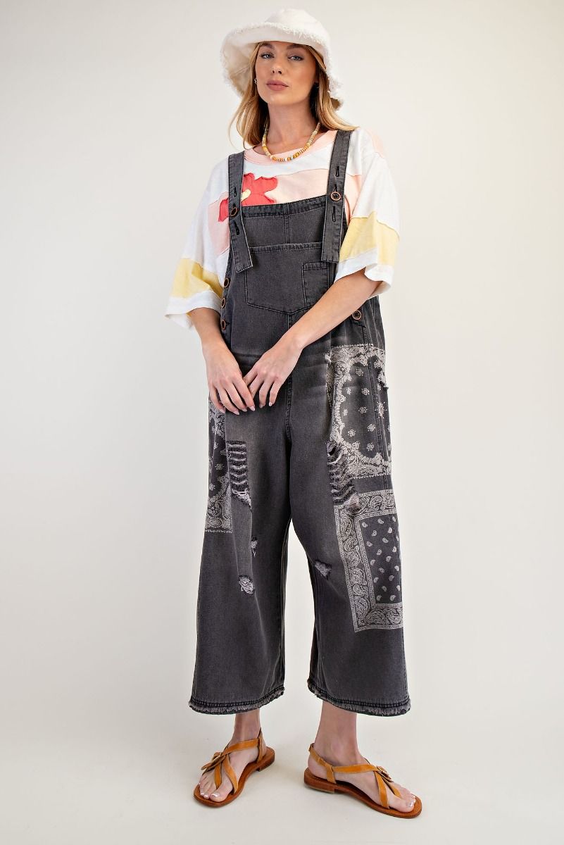 Black Denim Bandana Print Overalls