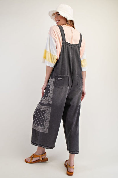 Black Denim Bandana Print Overalls