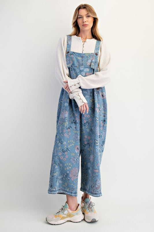 Easel Washed Denim Overalls with Vintage Print